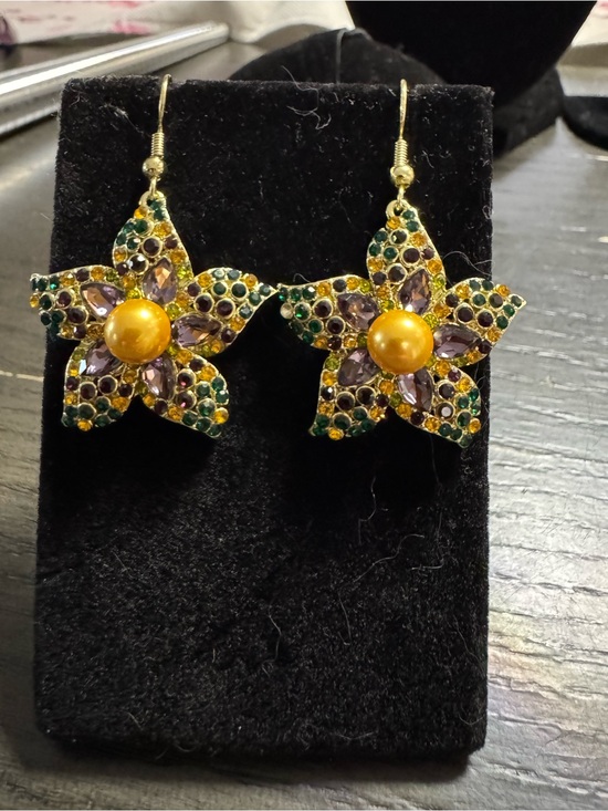 Source Unknown Jewelry - Gold Floral Drop Earrings with Purple and Green Accents